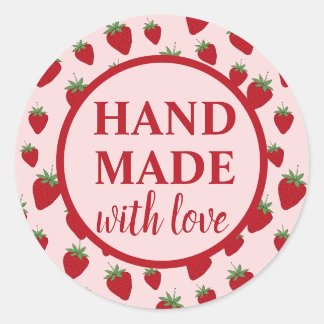 Handmade with Love cute Strawberry  Classic Round Sticker (Front)