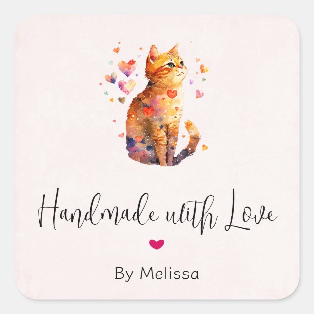 Handmade with Love Cute Tabby Cat with Hearts Square Sticker (Front)