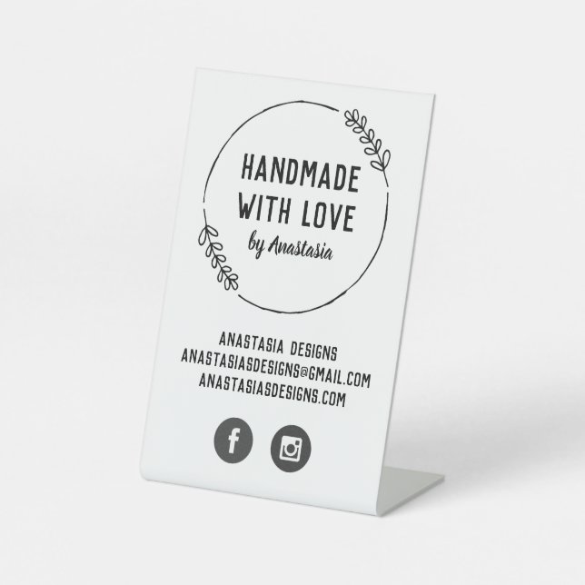 Handmade with Love Doodle Wreath Craft Business Pedestal Sign (Front)