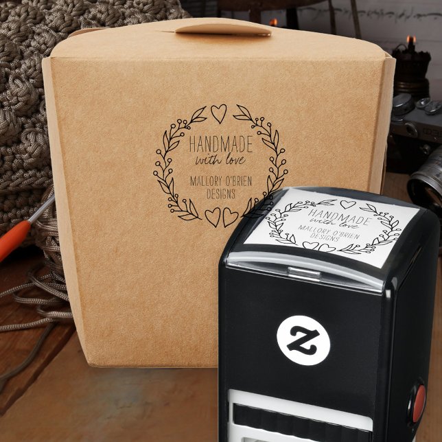 Handmade with love Doodle Wreath Hearts Foliage Self-inking Stamp (Handmade with Love self-inking stamp with business name and line drawn wreath)