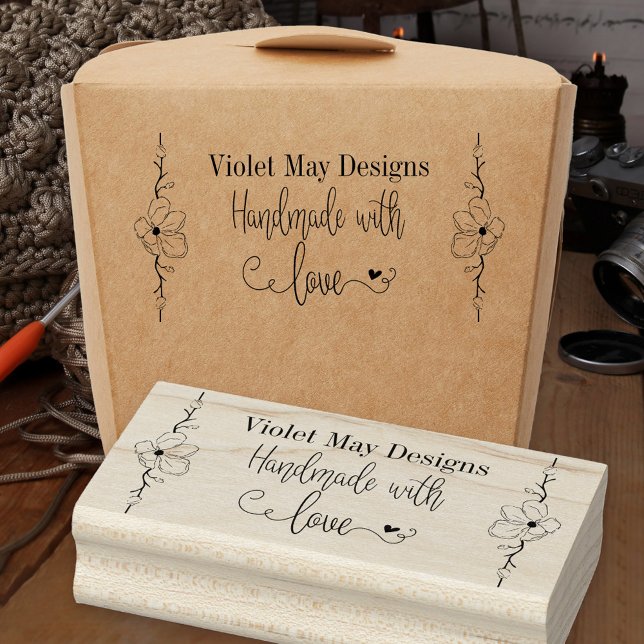 Handmade with Love Drawn Floral Border Custom Name Rubber Stamp (Handmade with Love business stamp with line drawn floral border)
