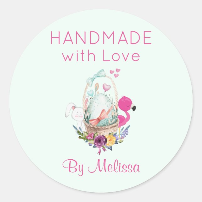 Handmade with Love Egg Flamingo & Bunny Classic Round Sticker (Front)
