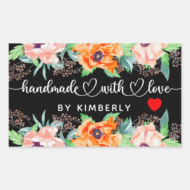 Handmade with Love Floral Black Rectangular Sticke Sticker (Front)
