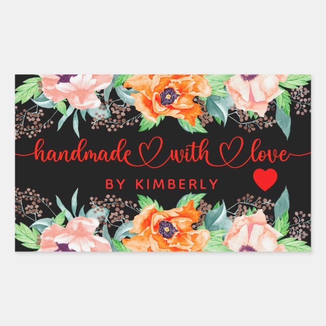 Handmade with Love Floral Black Rectangular Sticke Sticker (Front)
