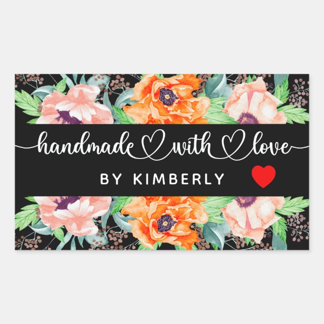 Handmade with Love Floral Black Rectangular Sticker (Front)