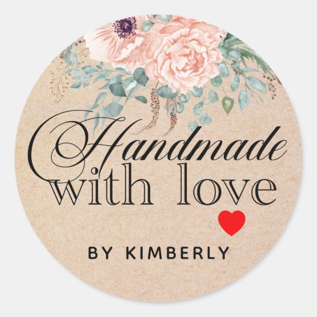 Handmade with Love Floral  Classic Round Sticker (Front)