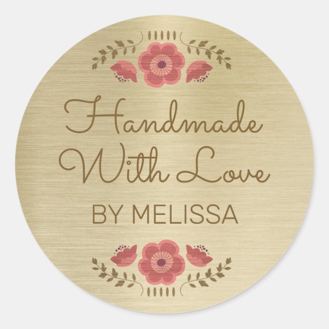 Handmade With Love Floral Gold Classic Round Sticker (Front)