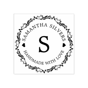 Handmade With Love Floral Personalised Monogram Rubber Stamp
