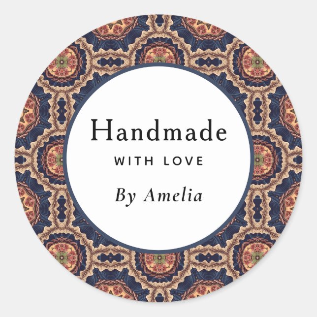 Handmade with Love Flower and Star Shapes Pattern Classic Round Sticker (Front)