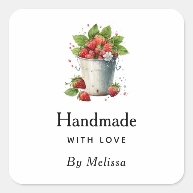 Handmade with Love Fresh Strawberries in a Bucket Square Sticker (Front)