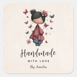 Handmade with Love Girl with Wand and Butterflies Square Sticker