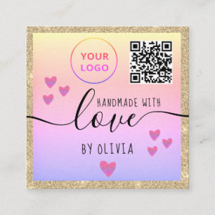 Handmade with love gold glitter pink logo qr code square business card