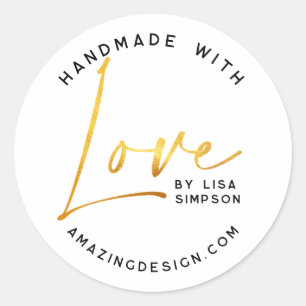 Handmade with love Gold script Classic Round Sticker