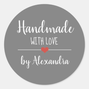 Handmade with love grey script name classic round sticker