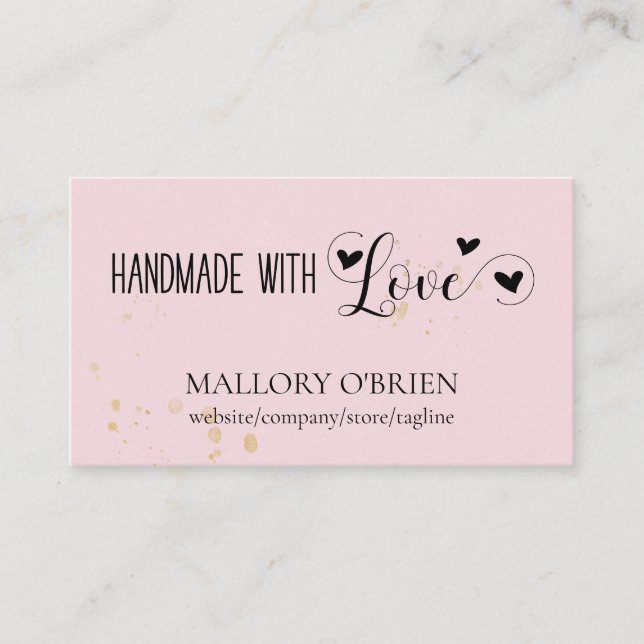 Handmade with Love Heart Calligraphy Pink and Gold Business Card (Front)