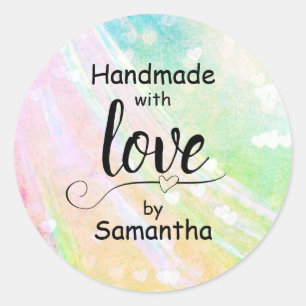 Handmade with Love Heart Colourful Pink Custom Nam Classic Round Sticker