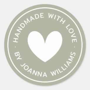 Handmade with love heart name dusty sage green classic round sticker