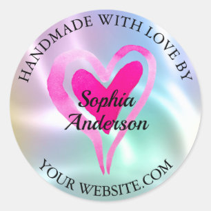 Handmade With Love, Heart & Name, Iridescent Classic Round Sticker