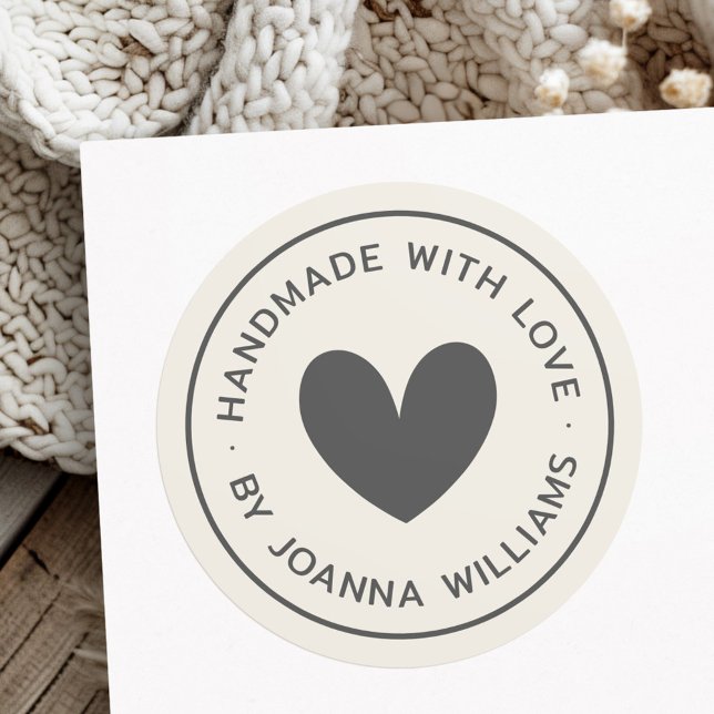 Handmade with love heart name light tan brown classic round sticker (Handmade with love heart name light tan brown classic round sticker)