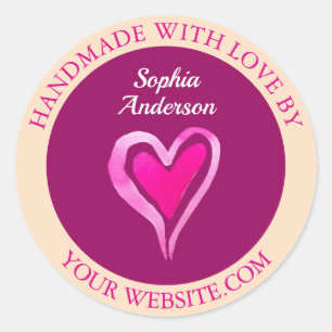 Handmade With Love, Heart Name, Pale Peach Fuchsia Classic Round Sticker