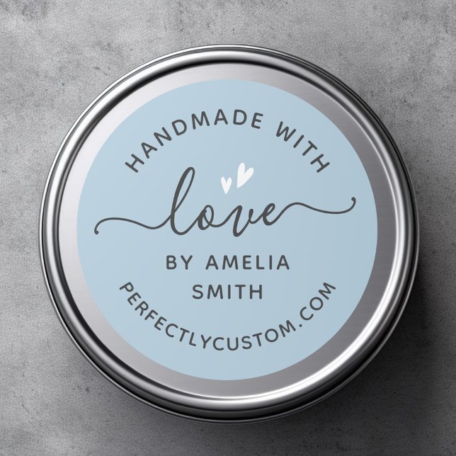 Handmade with love heart name URL dusty light blue Classic Round Sticker (Handmade with love heart name URL dusty light blue Classic Round Sticker)