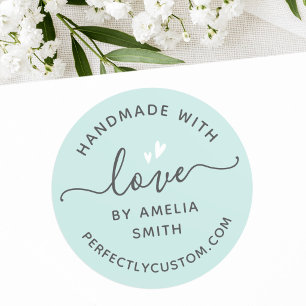 Handmade with love heart name URL light aqua blue Classic Round Sticker