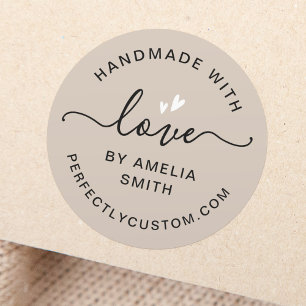 Handmade with love heart name URL light brown Classic Round Sticker