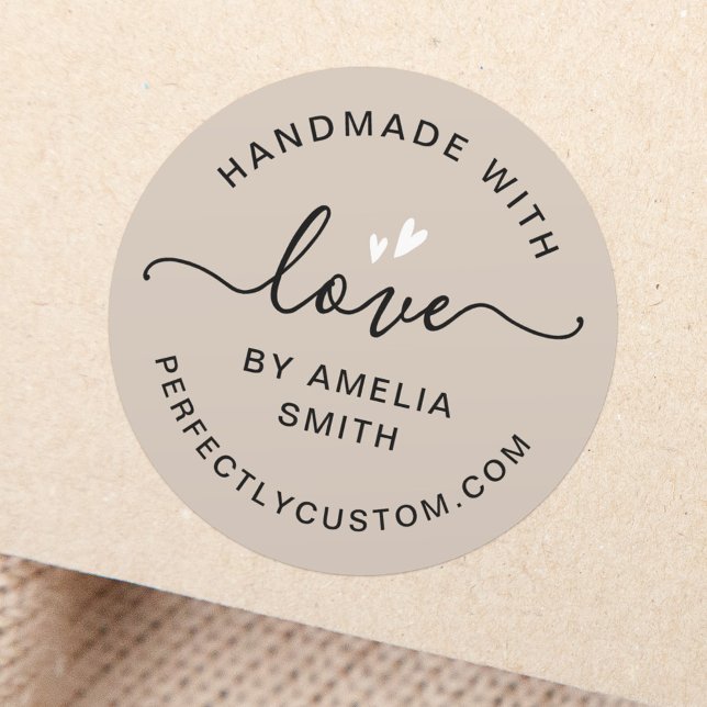 Handmade with love heart name URL light brown Classic Round Sticker (Creator Uploaded)