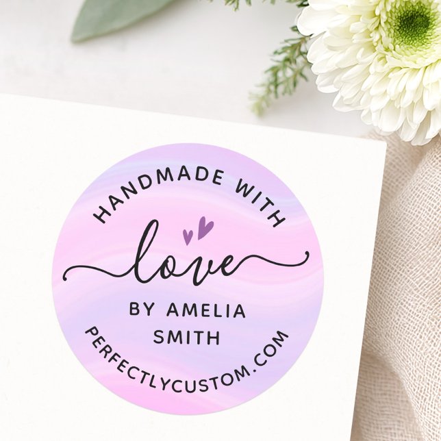Handmade with love heart name URL pink purple Classic Round Sticker (Handmade with love heart name URL pink purple Classic Round Sticker)