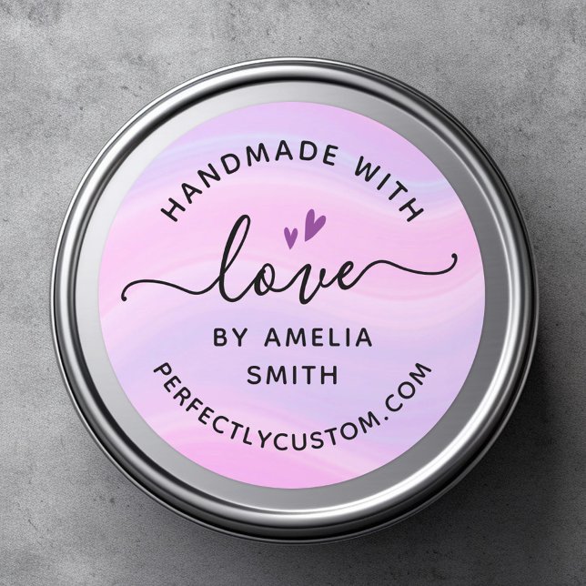 Handmade with love heart name URL pink purple Classic Round Sticker (Handmade with love heart name URL pink purple Classic Round Sticker)