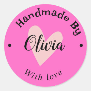 Handmade with love heart name URL terracotta Pink Classic Round Sticker