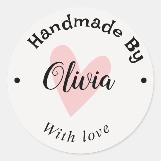 Handmade with love heart name URL terracotta white Classic Round Sticker (Front)