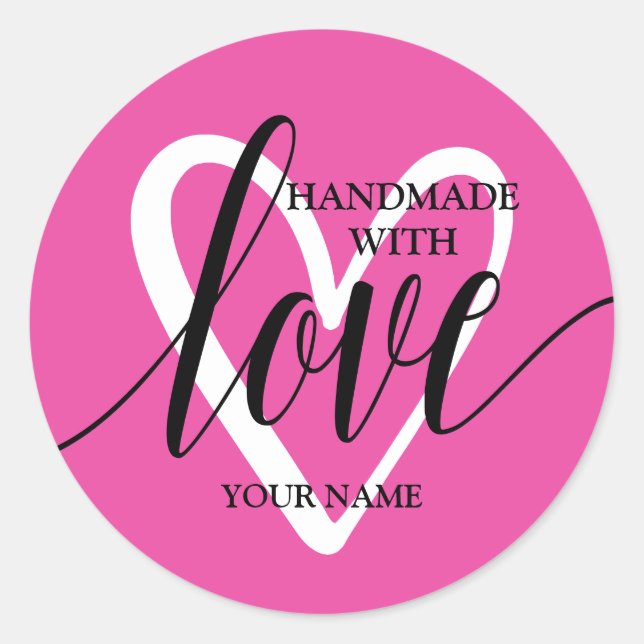 Handmade With Love Heart on Hot Pink Classic Round Sticker (Front)