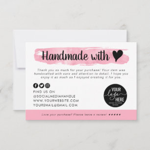 Handmade with Love Heart Pink Business Logo Here Thank You Card
