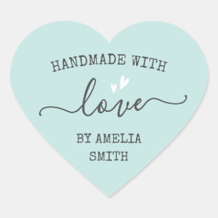 Handmade with love hearts name light aqua blue heart sticker