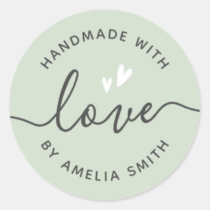Handmade with love hearts name light sage green classic round sticker