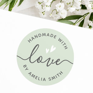 Handmade with love hearts name light sage green classic round sticker