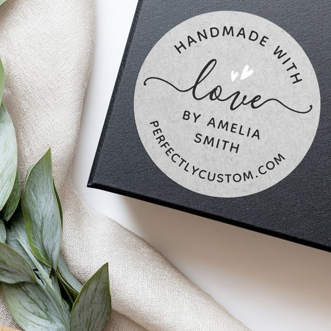 Handmade with love hearts name URL grey paper Classic Round Sticker (Handmade with love hearts name URL gray paper Classic Round Sticker)