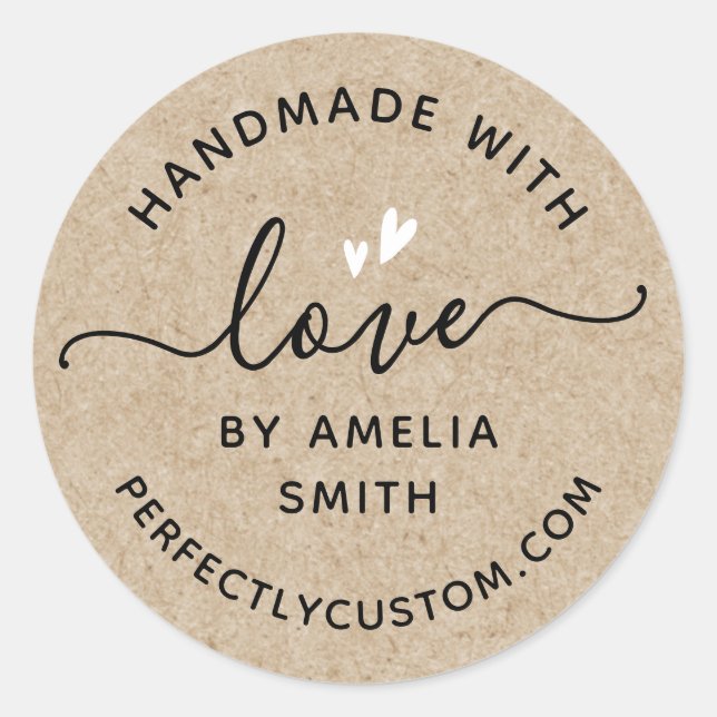 Handmade with love hearts name URL Kraft look Classic Round Sticker (Front)