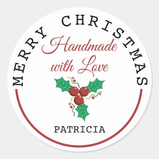 Handmade With Love Holly Merry Christmas   Classic Round Sticker (Front)