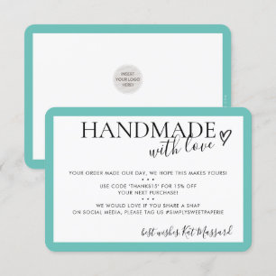 HANDMADE WITH LOVE insert modern chic mint green Thank You Card