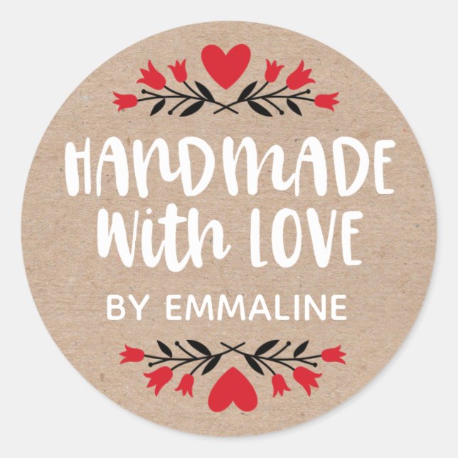 Handmade With Love Kraft Heart Classic Round Sticker (Front)