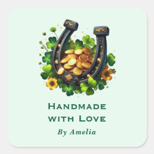 Handmade with Love Lucky Horseshoe and Gold Coins Square Sticker