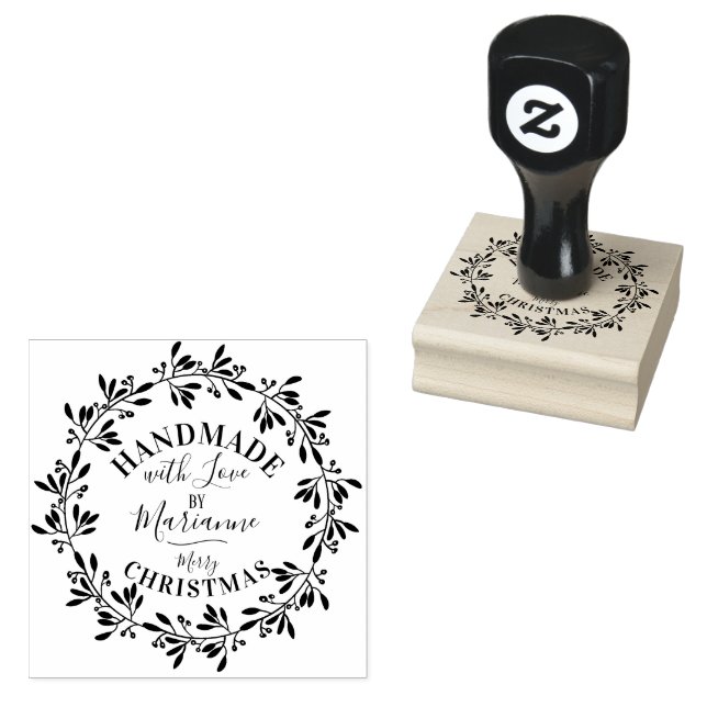 Handmade with love Merry Christmas rustic floral Rubber Stamp (Stamped)