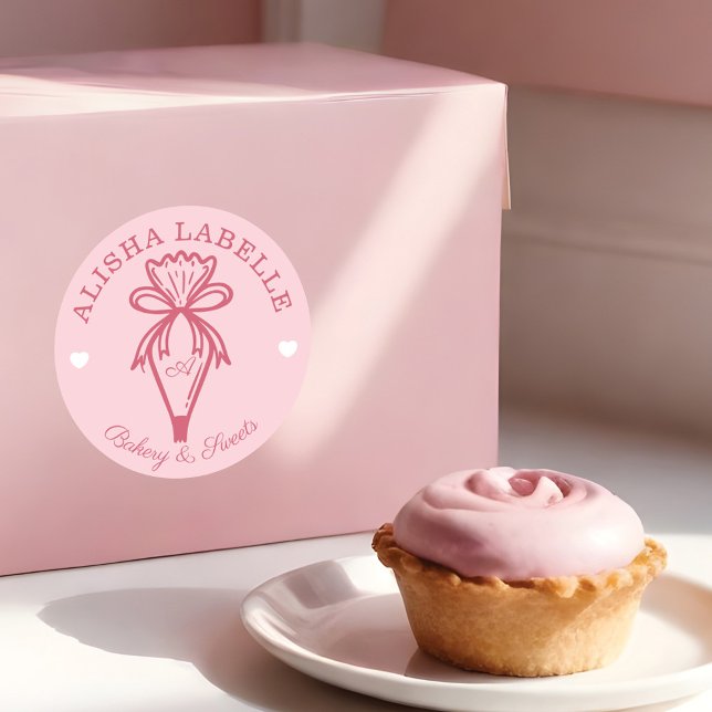 Handmade With Love Modern Bakery Piping Bag Pink Classic Round Sticker (Handmade With Love Modern Bakery Piping Bag Pink Classic Round Sticker)