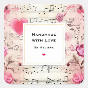 Handmade with Love Musical Notes and Roses Square Sticker