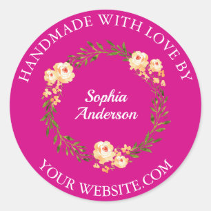 Handmade With Love, Name, Flower Wreath, Fuchsia Classic Round Sticker