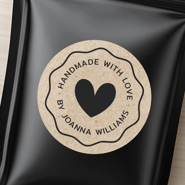 Handmade with love name wavy border Kraft look Classic Round Sticker (Handmade with love name wavy border Kraft look Classic Round Sticker)