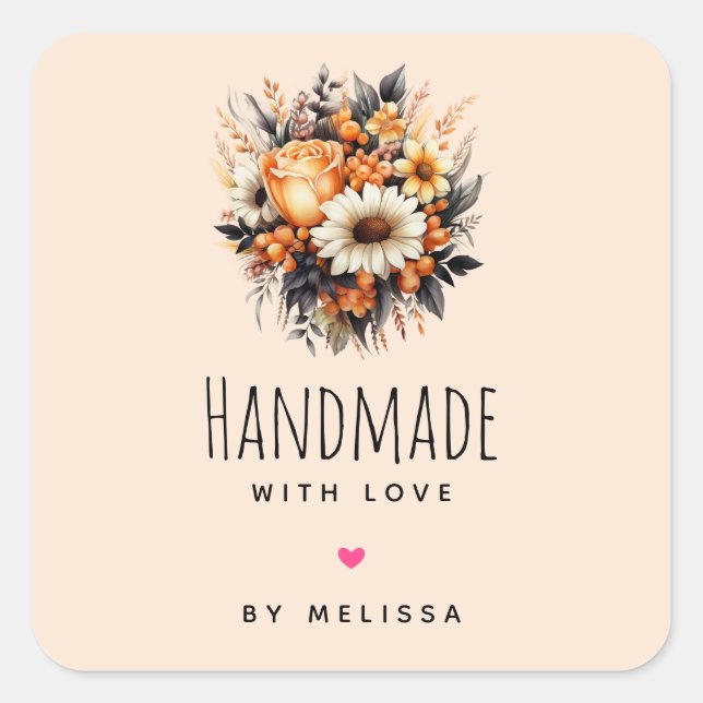 Handmade with Love Orange Yellow Flower Bouquet Square Sticker (Front)