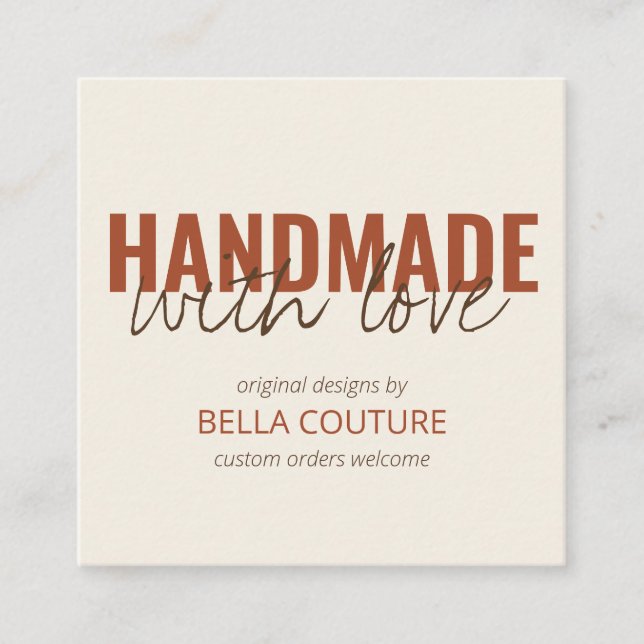 Handmade with Love Oversized Typography Cream Square Business Card (Front)